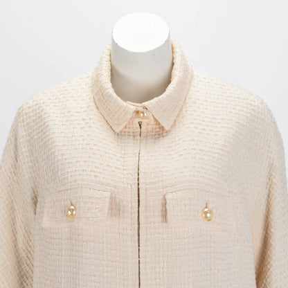 Chanel Cream Cotton Pearl Button Zip Up Jacket