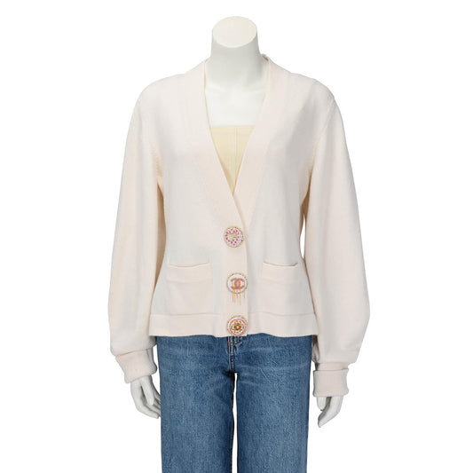 Chanel Cream Cashmere 22A Embellished Button Cardigan FR 46