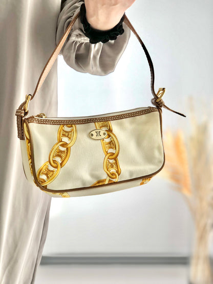 CELINE  Canvas Leather Handbag White Vintage  vzzbsd
