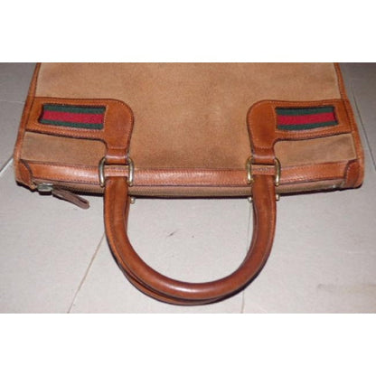 Gucci camel suede satchel with inlaid red/green striped accents!