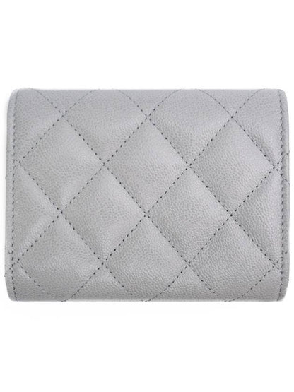 CC Logo Flap Caviar Leather Card Wallet Light Grey Chanel