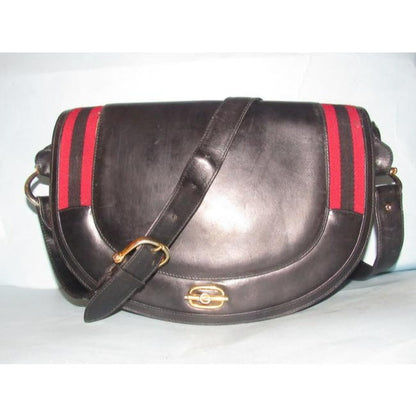 Gucci Early Saddle With Sherry Stripes Black Leather And Gg Leather Shoulder Bag