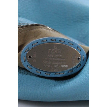 Fendi Light Turquoise Blue Leather Mamma Selleria Purse With Taupe Contrast Stitching & Chrome Hardware