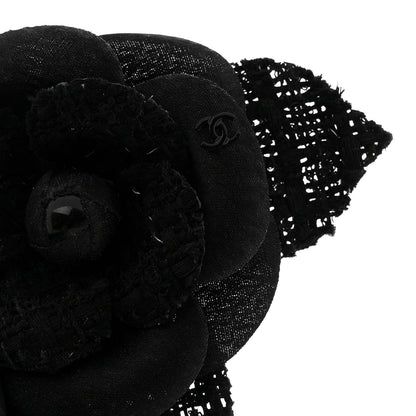 Tweed Fabric Camellia Pin Brooch Black