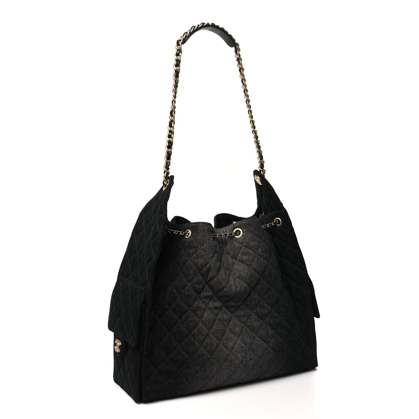 Washed Denim Quilted Medium Chanel 25 Handbag Black