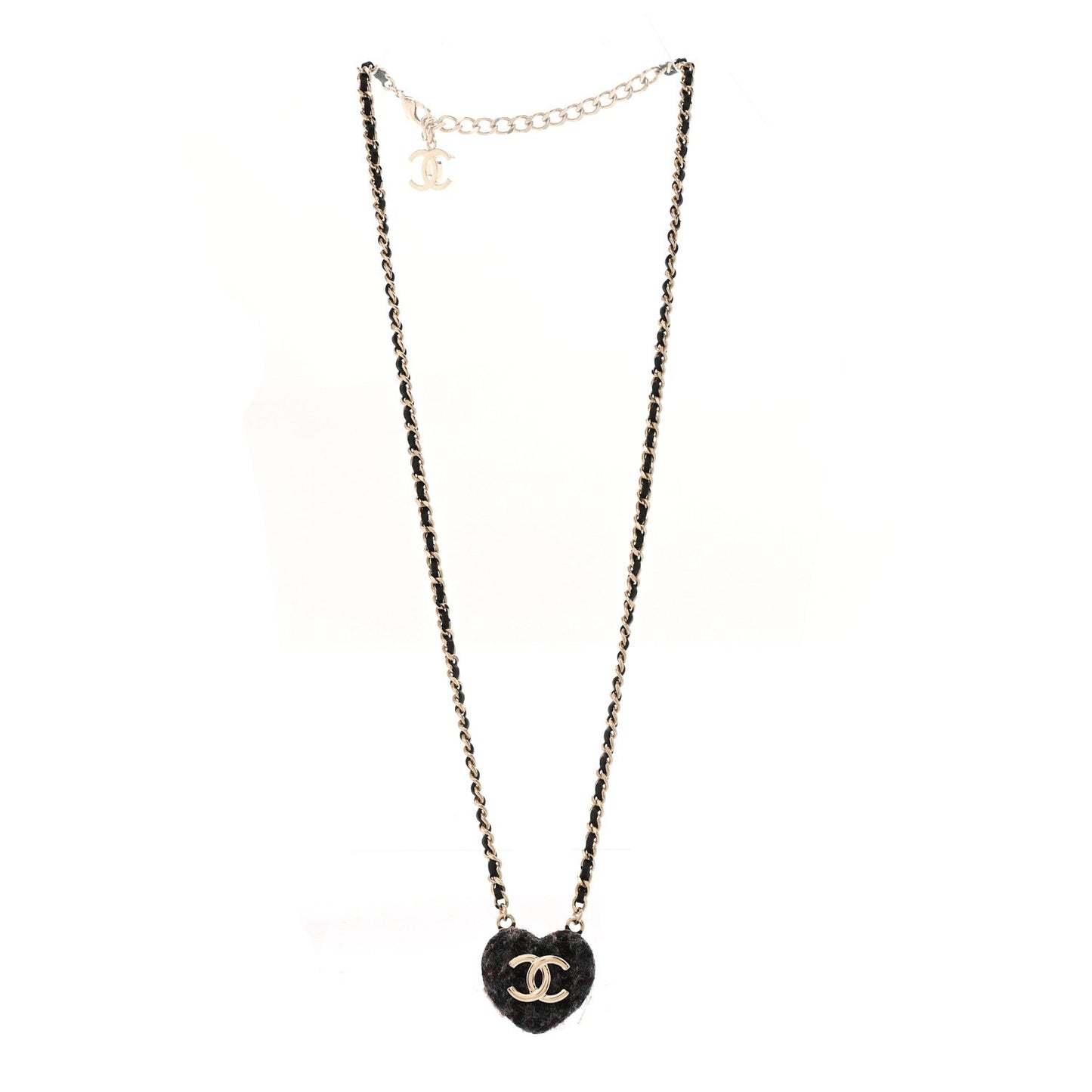 Tweed Lambskin CC Heart Locket Necklace Gold Black Beige