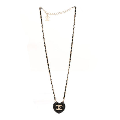 Tweed Lambskin CC Heart Locket Necklace Gold Black Beige