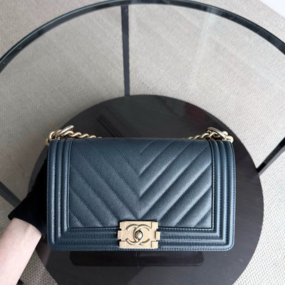 Chanel Boy Medium - Caviar 25CM Chevron Grained Calfskin Blue Gold Hardware Series 25