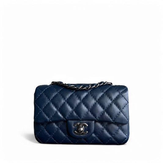 Chanel Classic Flap Mini Rectangle - Caviar 20CM Quilted Dark Blue Ruthenium Silver Hardware Series 23