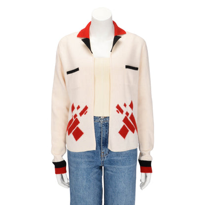 Chanel Ecru & Red Cashmere Open Cardigan FR 46