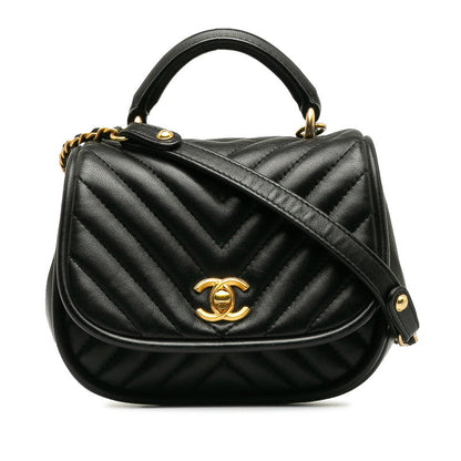 Chanel Coco V Stitch Top Handle  Chain Shoulder Bag Black Leather  CHANEL Middle] Vintage