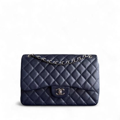 Chanel Classic Flap Jumbo - Caviar Double Flap 30CM Quilted Grained Calfskin Dark Blue Silver Hardware Series 19