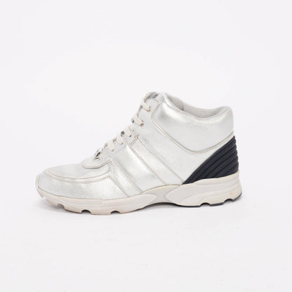 Chanel Silver Metallic Leather High Top Sneakers 39