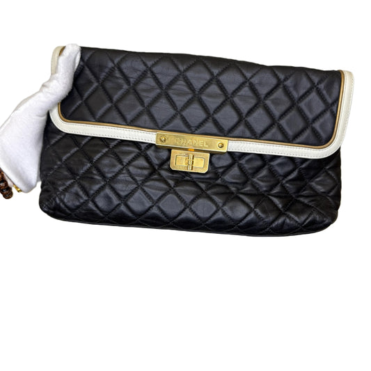 Chanel Glazed Calfskin . East West Mademoiselle Flap Black White B-