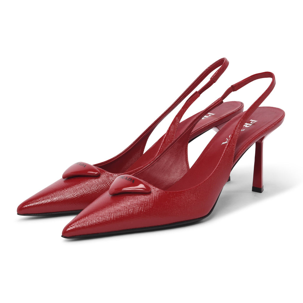 Prada Red Patent Saffiano Logo Slingback Pumps 40