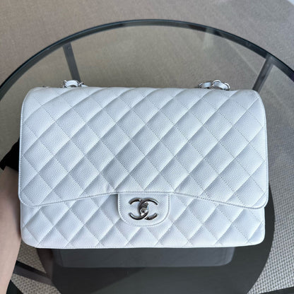 Chanel Classic Flap Maxi - Caviar Double Flap 33CM Quilted White Silver Hardware Series 14