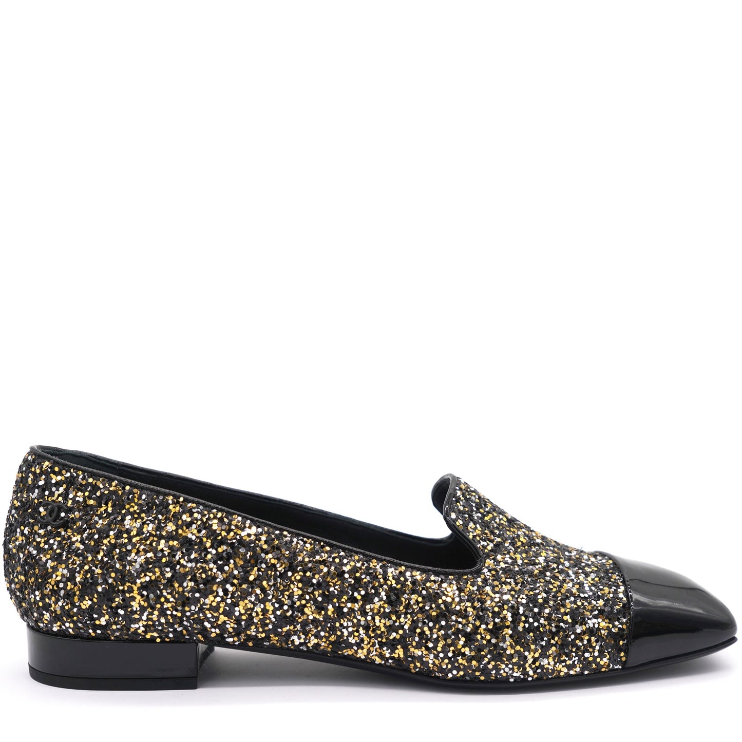 Glitter and Black Patent Leather Cap Toe Loafers 38.5