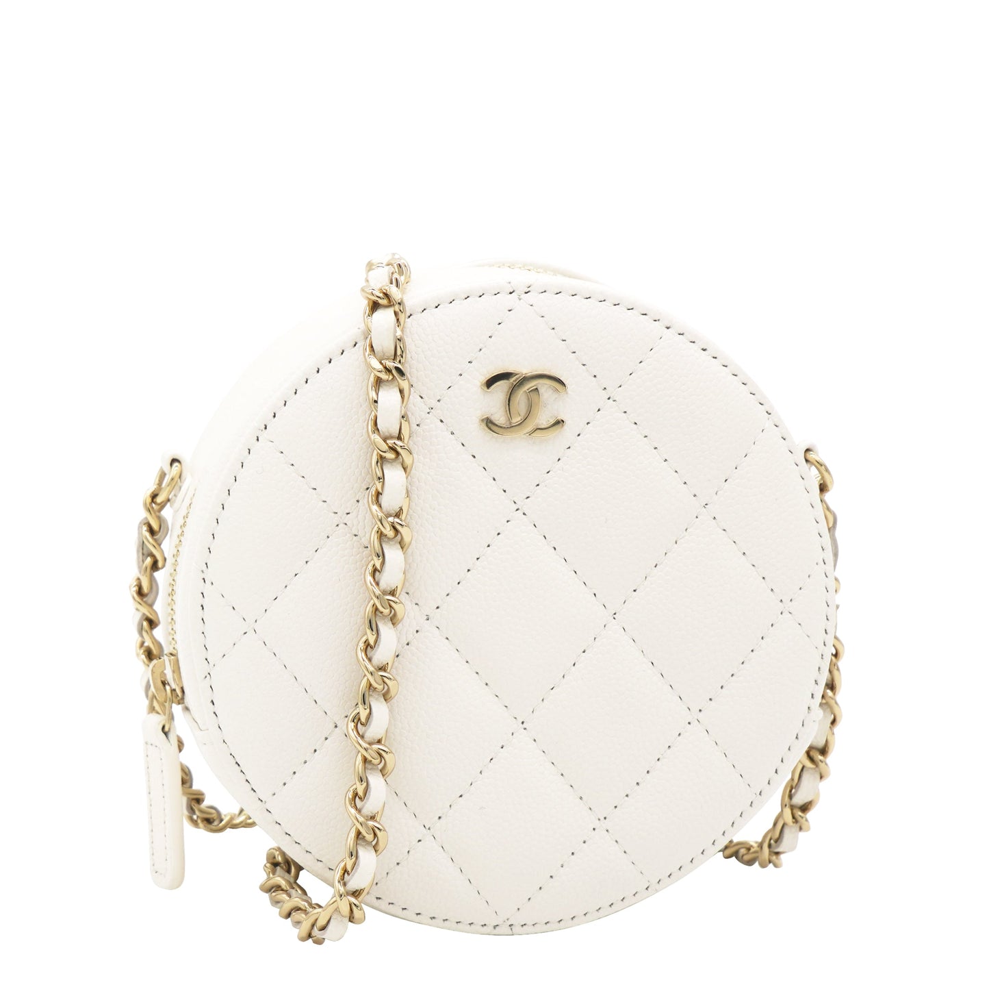 Caviar Quilted Round Clutch with Chain White