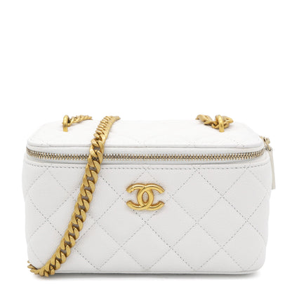 Caviar Quilted Heart Charm Small Vanity Case With Chain White
