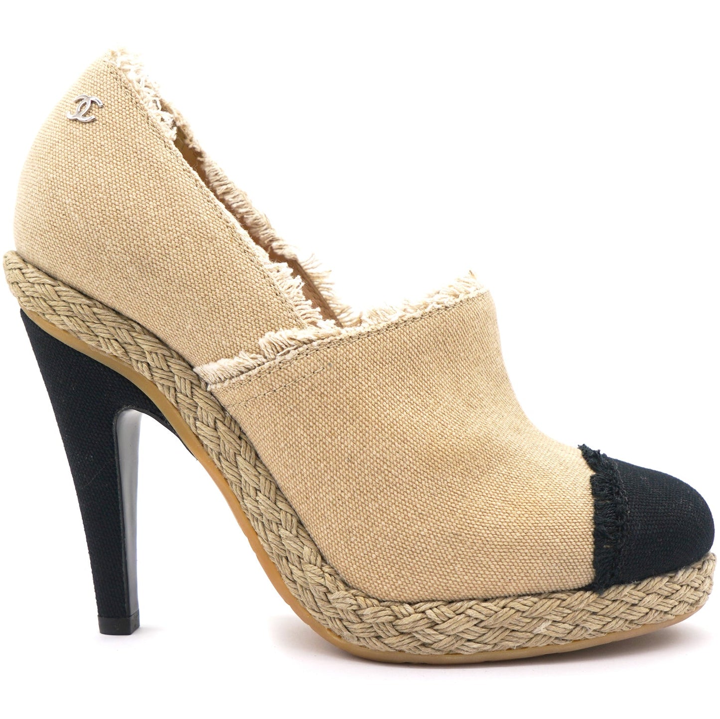 Beige/Black 2014 Frayed Canvas Espadrilles Pumps 36.5