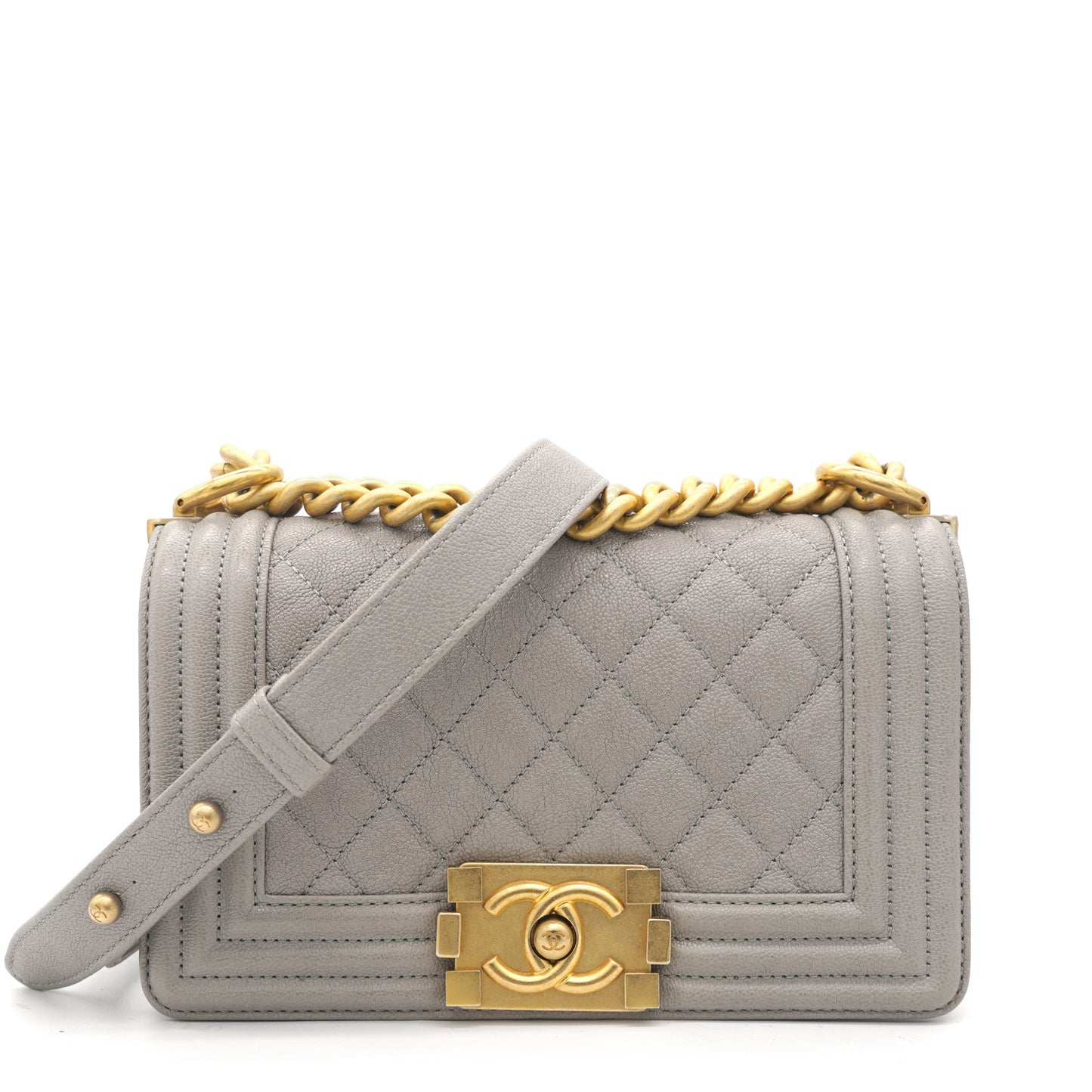 Grey Quilted Caviar Leather Small Boy Flap Bag