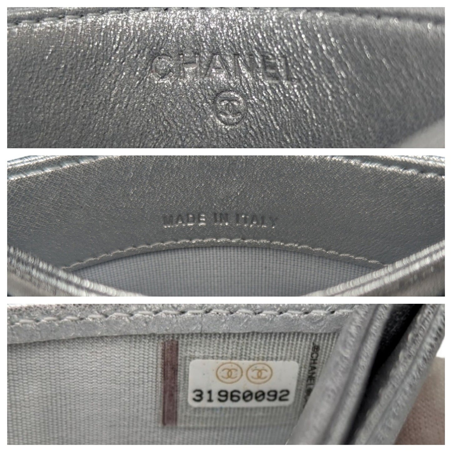 Chanel Metallic Lambskin Quilted CC Card Holder Silver