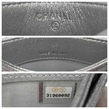 Chanel Metallic Lambskin Quilted CC Card Holder Silver