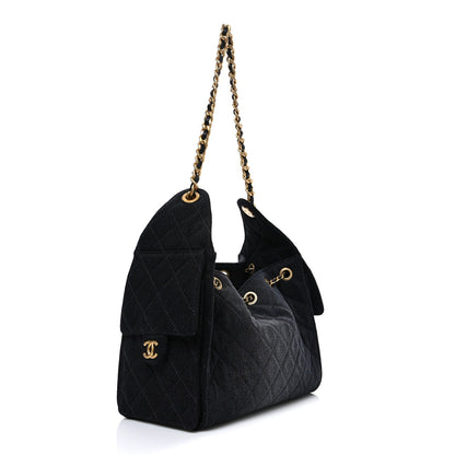 Washed Denim Quilted Small Chanel 25 Handbag Black