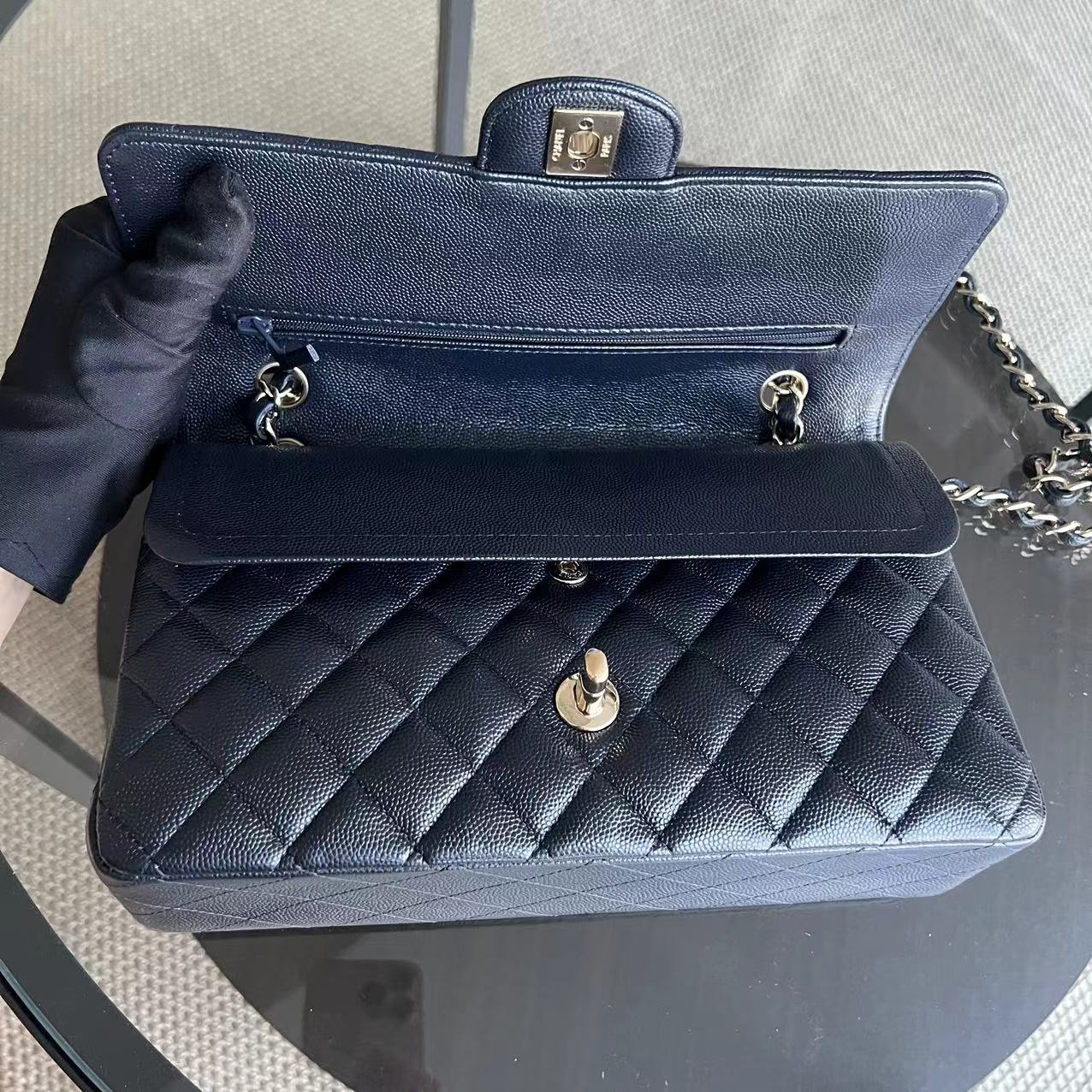 *Un, Full Set Receipt* Caviar Double Flap Quilted Grained Calfskin Dark Blue Golden Hardware Series 28