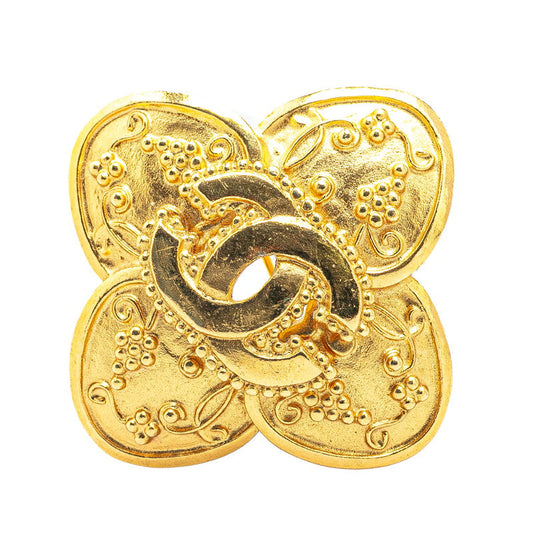 Chanel Gold Plated Coco Mark Clover Motif Brooch 96A