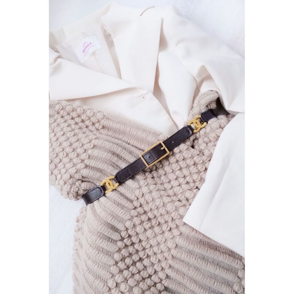 Chanel vintage double logo leather belt brown