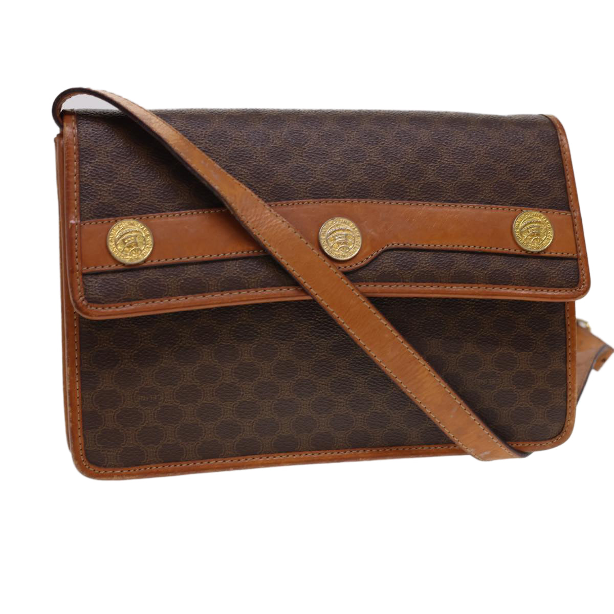 Celine Macadam Canvas Shoulder Bag PVC Leather Brown  40101