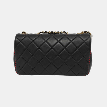 Chanel Black Lambskin Red Stitching Single Flap Double Chain Bag 2017