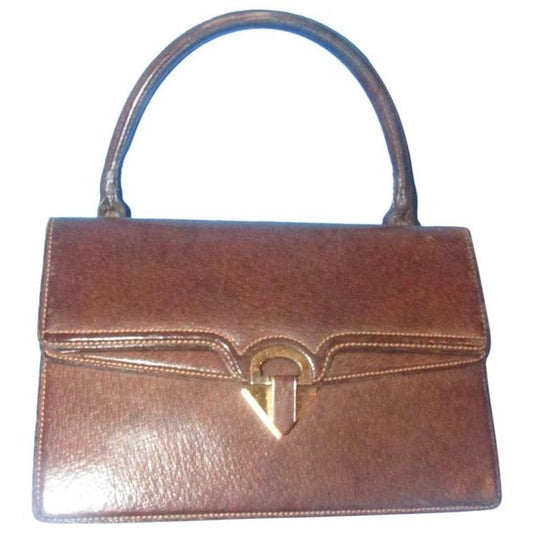 Gucci Brown Boar Skin Leather Satchel With Contrast Stitching And Gold Accents