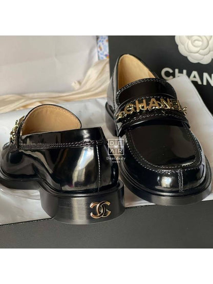 Gold Lettering Shiny Calfskin Loafers Black Chanel