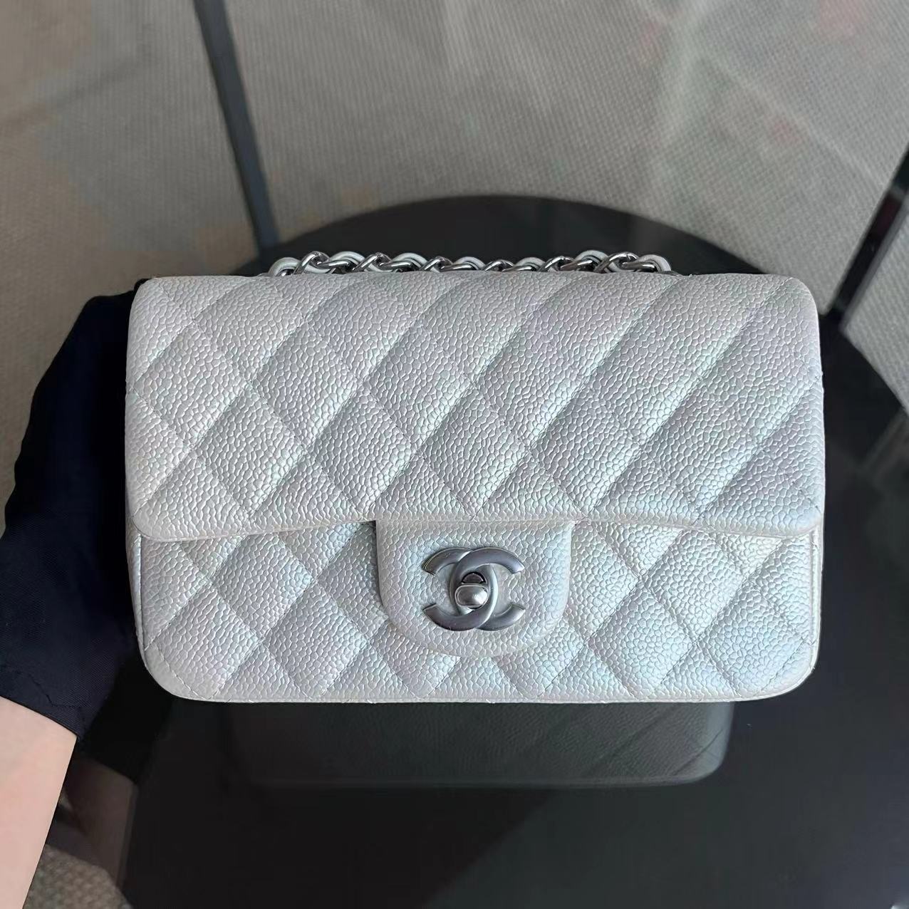 *Un* Caviar Mini Rectangle Classic Flap Quilted Iridescent Pearl White Silver Hardware Series 20