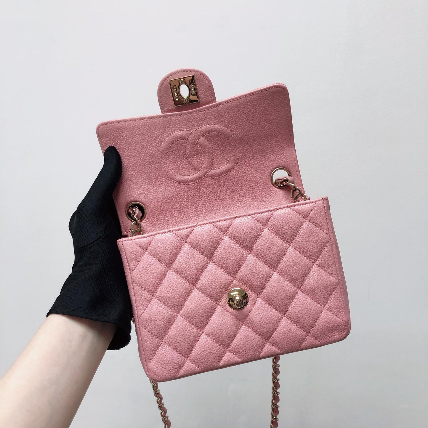 Vintage Mini Square Flap Bag in Pink Quilted Caviar Leather GHW