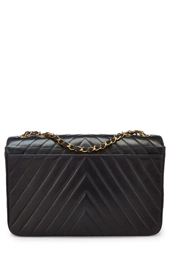 CHANEL,  Black Chevron Lambskin Half Flap Maxi, Black