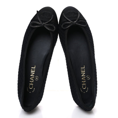 Wool Tweed Grosgrain Cap Toe CC Ballerina Flats 37.5 Black