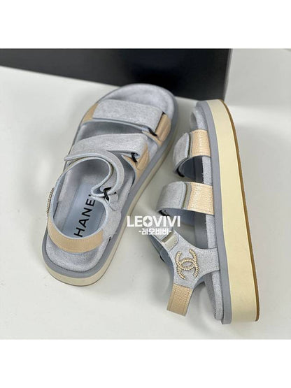 CC Logo Suede Velcro Sandals Blue Chanel