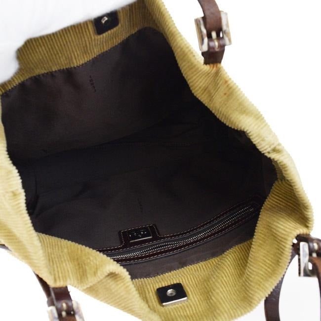 Fendi Camel Corduroy And Brown Leather Tote With Chrome Hardware