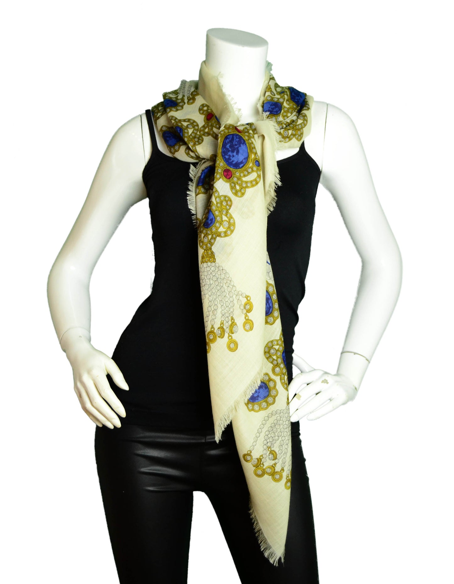Chanel Cream Wool & Silk Jewel Print XL Scarf/Shawl