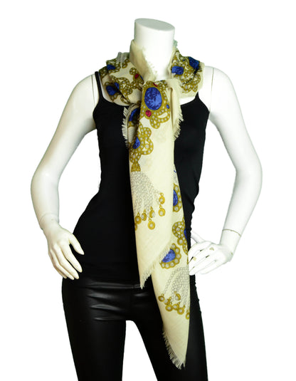 Chanel Cream Wool & Silk Jewel Print XL Scarf/Shawl