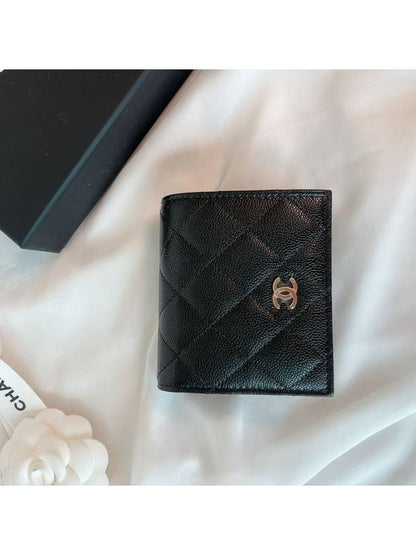 Classic Gold Hardware CC Logo Grained Calfskin Half Wallet Black Chanel