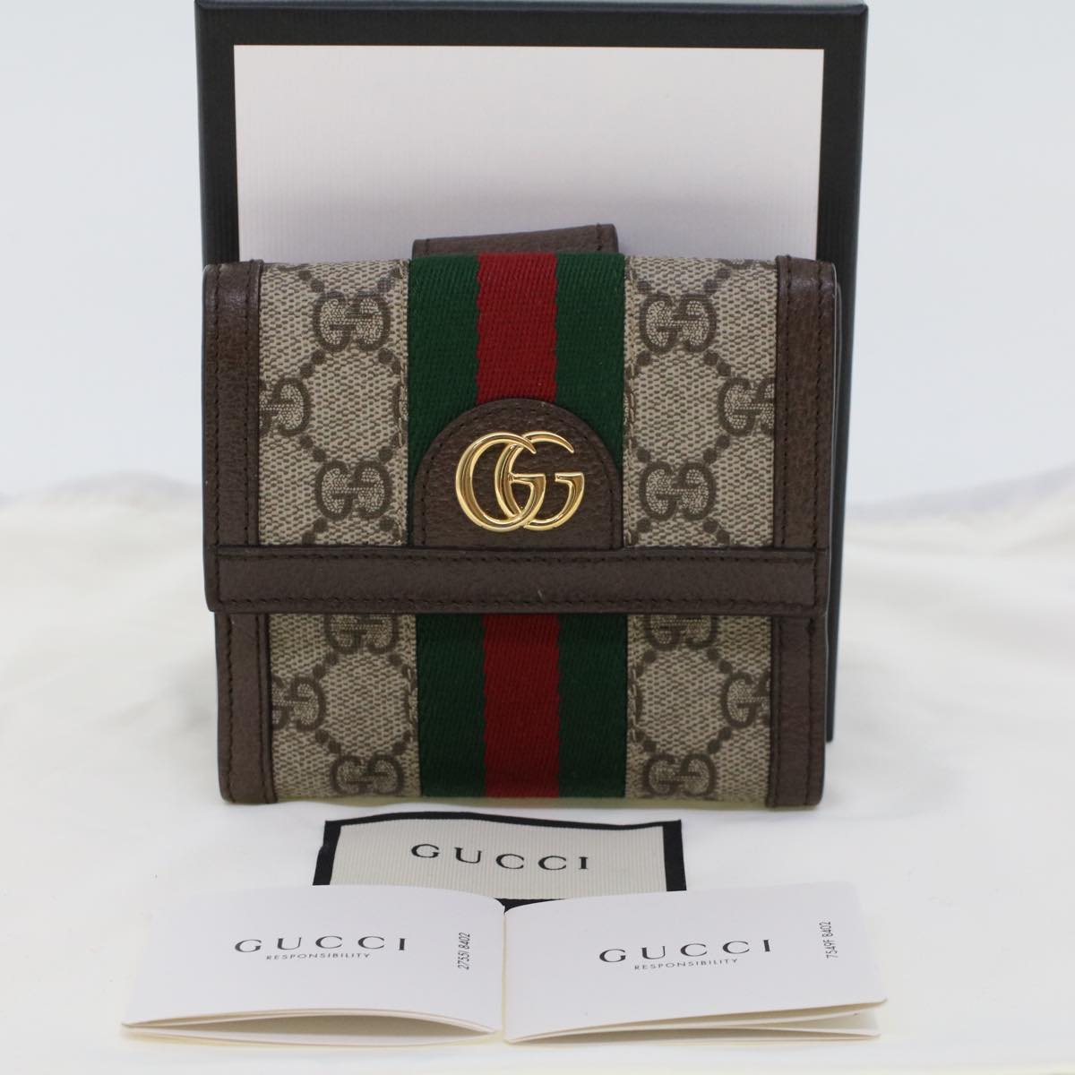 GUCCI GG Canvas Web Sherry Line Trifold Wallet PVC Leather Beige Red  42974