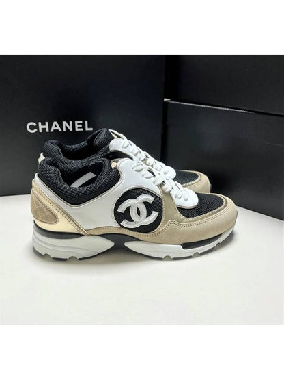 CC Logo Calfskin Fabric Low-Top Sneakers Beige Gold Chanel