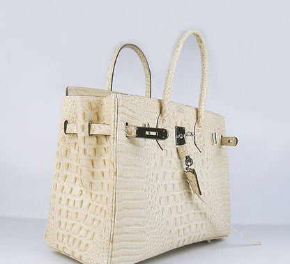 Hermes Birkin 35cm Crocodile Head Veins Handbags Beige Silver