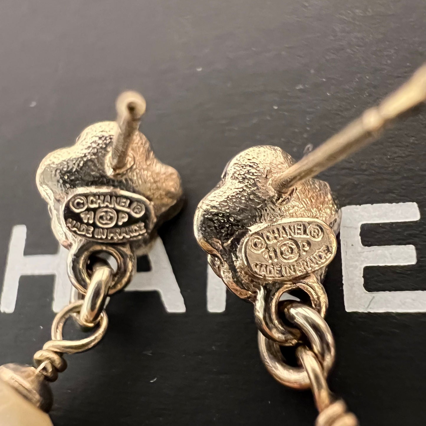 CHANEL Pearl CC Camellia Dangle Earrings Gold