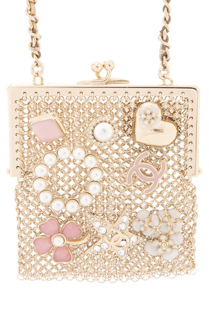 Chanel Gold & Charm Embellished Frame Pouch Chain Necklace
