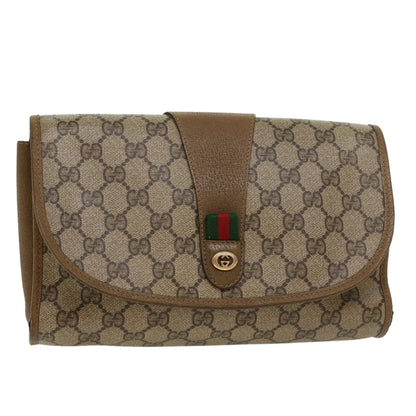 GUCCI GG Canvas Web Sherry Line Clutch Bag PVC Leather Beige Green  43092